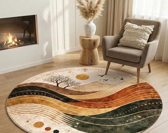 Boho Round Area Rug, Mid Century Sunset Landscape Carpet