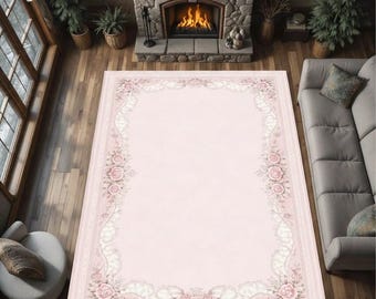 Pink Floral Border Rug, Romantic Vintage Area Carpet