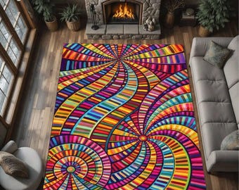 Colorful Spiral Area Rug, Psychedelic Rainbow Swirl Carpet, Funky Living Room Decor