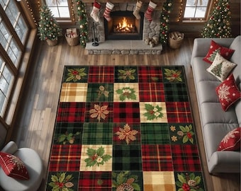 Christmas Patchwork Plaid Area Rug, Holiday Living Room Carpet
