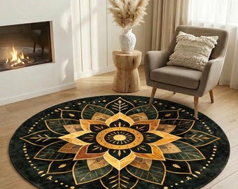 Boho Mandala Round Rug, Dark Green Gold Area Carpet