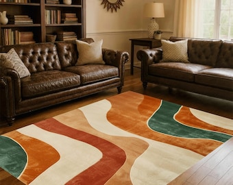 Abstract Retro Wave Rug, Orange Green Mid Century Area Carpet