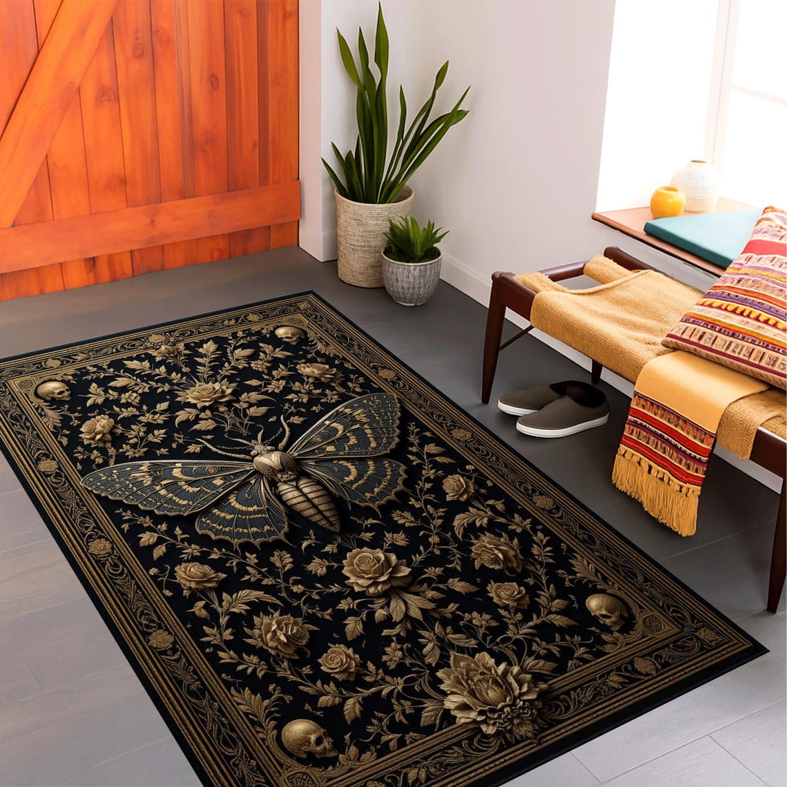 Moth Pattern Rug Gothic Moth Skull Floral Rug, Dark Gold Vintage Area Carpet - Etsy