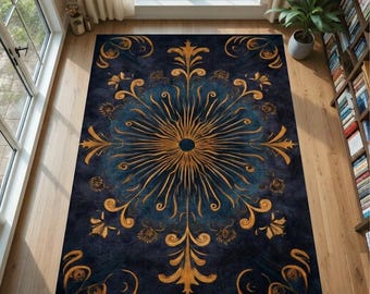 Alfombra Celestial Sunburst en dorado azul marino, estilo art déco gótico