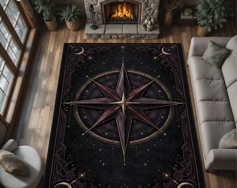 Gothic Compass Star Rug, Celestial Witchy Dark Academia Carpet, Mystic Moon Decor