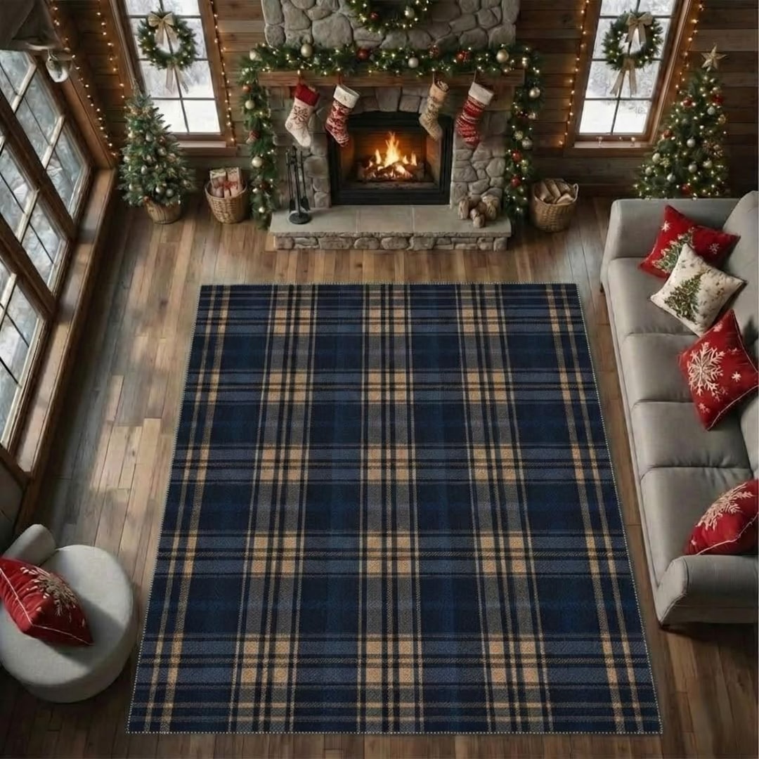 Chess Pattern Rug Navy Blue Tartan Chess Pattern Area Rug, Christmas Plaid Carpet - Etsy