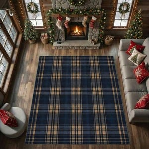 Könnte beinhalten: Ein großer rechteckiger Teppich mit einem blau, beige und schwarzen Karomuster. Der Teppich befindet sich in einem Wohnzimmer mit Kamin, Weihnachtsdekoration und einem grauen Sofa mit roten Kissen. Der Raum hat Holzböden und große Fenster.