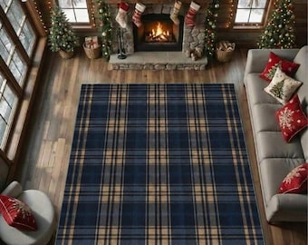 Navy Blue Tartan Chess Pattern Area Rug, Christmas Plaid Carpet