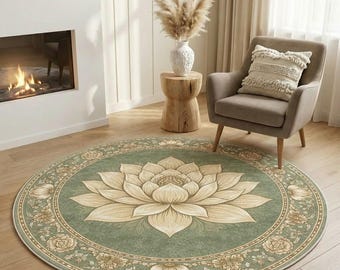 Könnte beinhalten: Runder Teppich mit großem Lotusblüten-Design in der Mitte. Der Teppich hat einen salbeigrünen Hintergrund, einen beigen Blumenrand und eine beige Lotusblüte. Er liegt auf einem Holzboden.