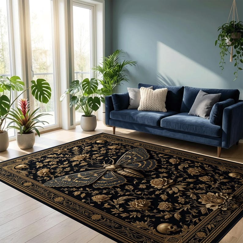 Large Moth Rug Gothic Moth Skull Floral Rug, Dark Gold Vintage Area Carpet - Etsy