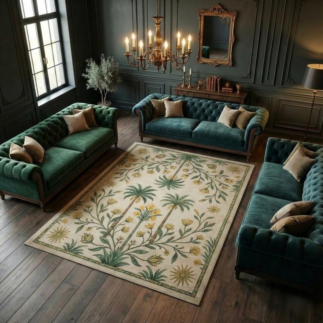 Black Tree Rug Botanical Palm Tree Vintage Area Rug, Floral Nature Carpet - Etsy