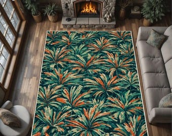 Tropical Palm Area Rug, Dark Green Botanical Living Room Carpet