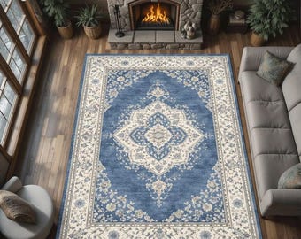 Blue Floral Classic Area Rug With Medallion