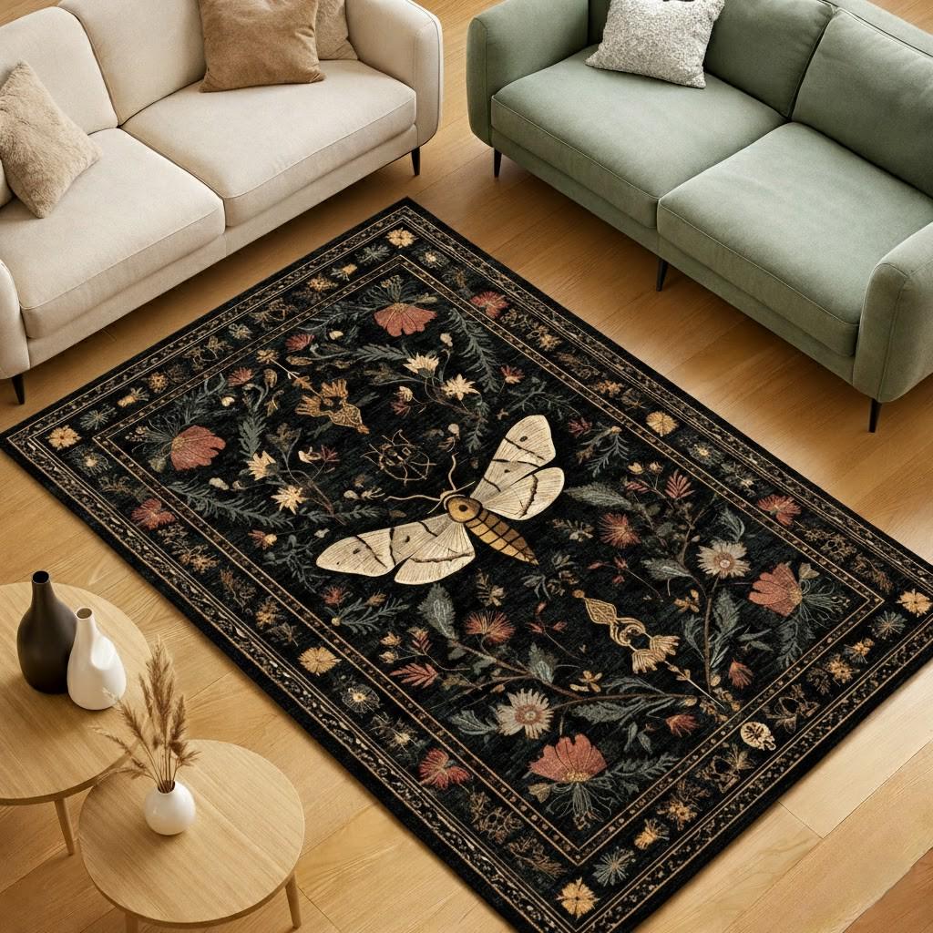 Modern Black Insect Rug Gothic Moth Rug, Vintage Botanical Insect Carpet, Dark Floral Decor - Etsy
