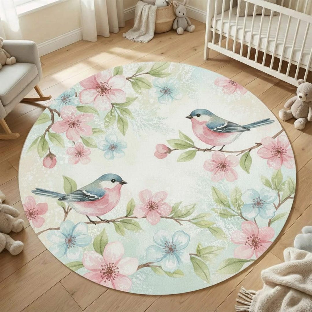 Floral Birds Pastel Round Nursery Rug - Etsy