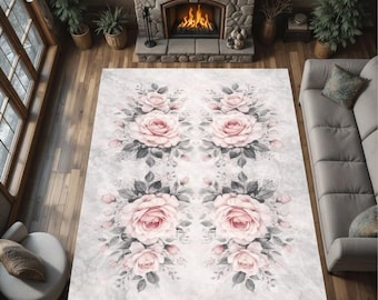 Blush Pink Rose Floral Area Rug, Vintage Botanical Shabby Chic Carpet