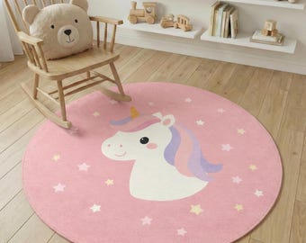 Pink Unicorn Round Kids Rug, Star Nursery Area Carpet