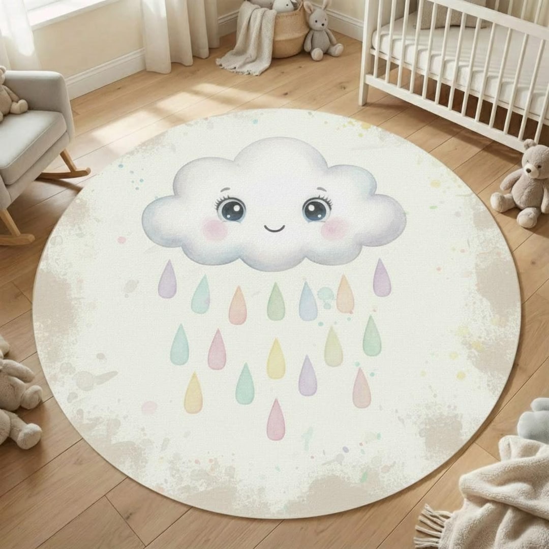 Round Children Rug Rainbow Raindrop Cloud Round Kids Rug - Etsy