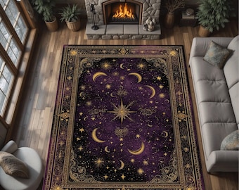 Mystic Moon and Stars Celestial Purple Area Rug