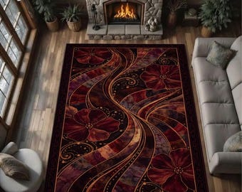 Alfombra abstracta con diseño floral oscuro, estilo art nouveau burdeos y dorado, elegante y llamativa.