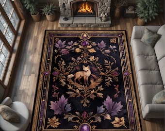 Puede incluir: Una alfombra rectangular negra con un diseño detallado que presenta un zorro, hojas y gemas. La alfombra tiene un borde dorado y detalles en morado y marrón. El zorro está en el centro.