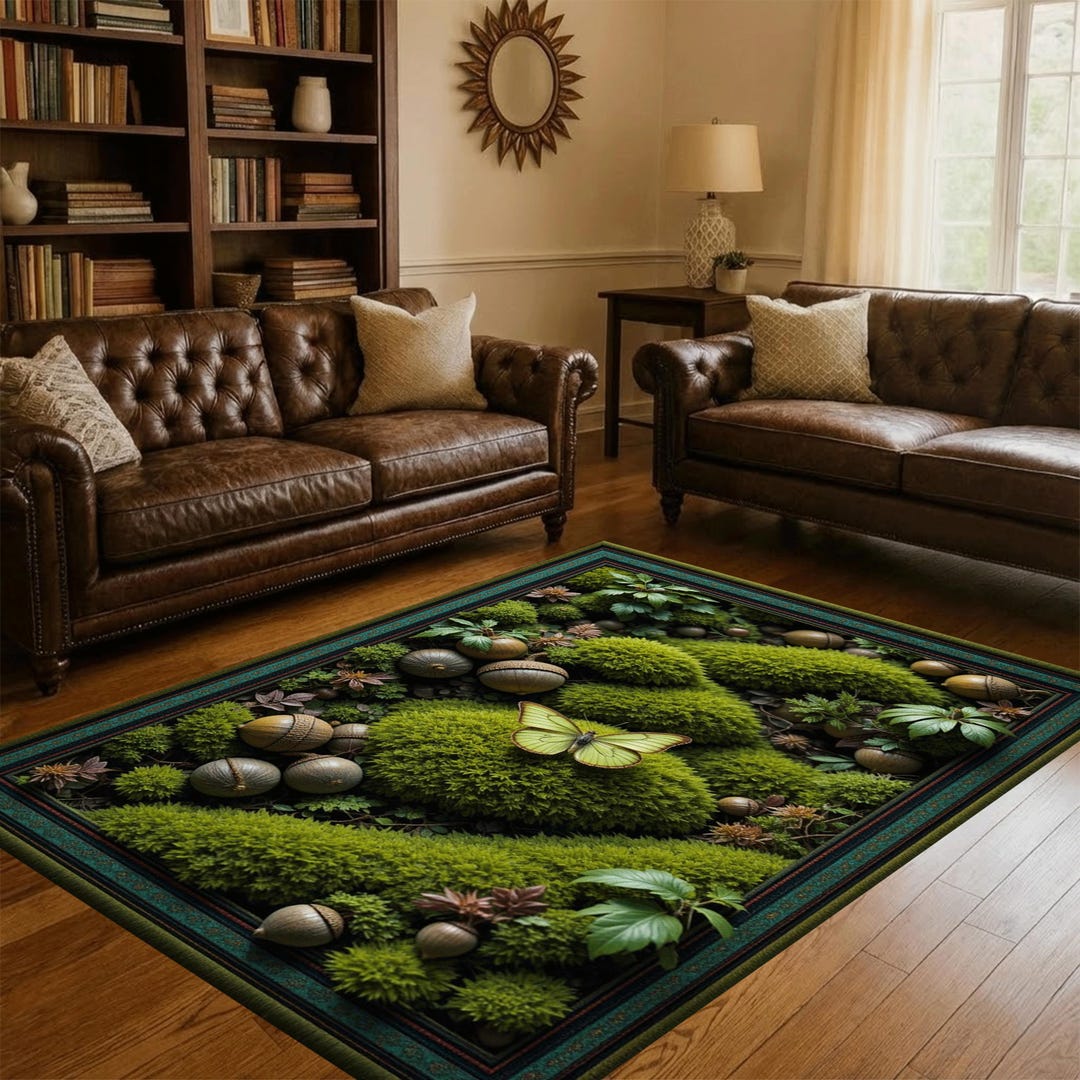 Moss Green Nature Round Rug, Butterfly Botanical Forest Carpet - Etsy