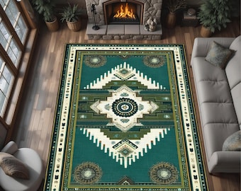 Alfombra geométrica tribal verde con estampado vintage del suroeste