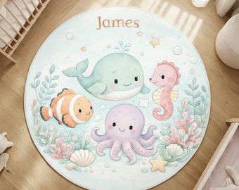 Personalized Ocean Animals Rug, Nursery Round Kids Room, Whale Octopus Fish Seahorse Carpet Decor