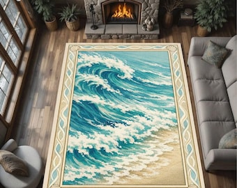 May include: Rectangular area rug featuring a vibrant ocean wave design in shades of blue and white. The rug has a beige border with seashell and wave pattern accents. The rug is placed on a hardwood floor in a living room setting.