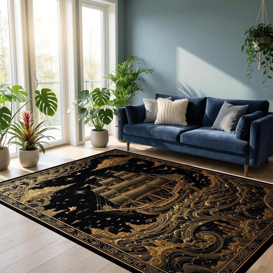 Golden Sailing Ship Fantasy Rug, Black Luxury Nautical Carpet - Etsy