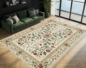 Vintage Floral Traditional Area Rug Cream Green Red