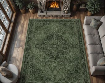 Dark Sage Green Vintage Oriental Area Rug Classic Floral Border Rectangular Carpet Decor