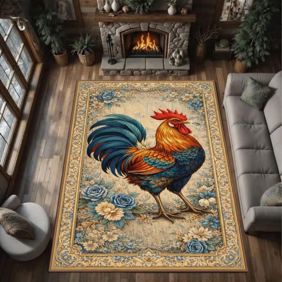 Rooster Rug Vintage Rooster Rug Floral Farmhouse Folk Art Carpet - Etsy