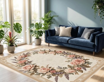 Cream Rose Floral Area Rug, Vintage Flower Carpet for Living Room Decor