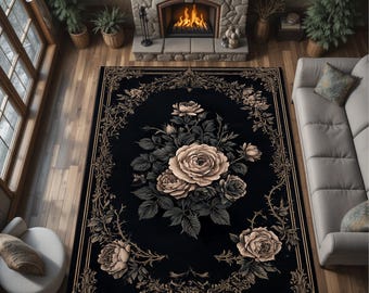 Black Gothic Rose Rug, Dark Floral Vintage Area Carpet