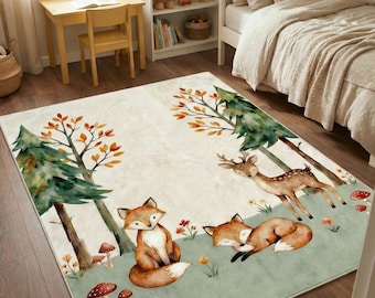 Woodland Animals Kids Area Rug, Fox Deer Forest Nursery Carpet