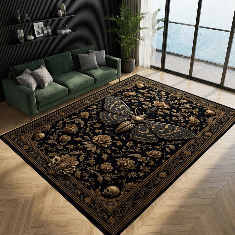 Large Moth Rug Gothic Moth Skull Floral Rug, Dark Gold Vintage Area Carpet - Etsy