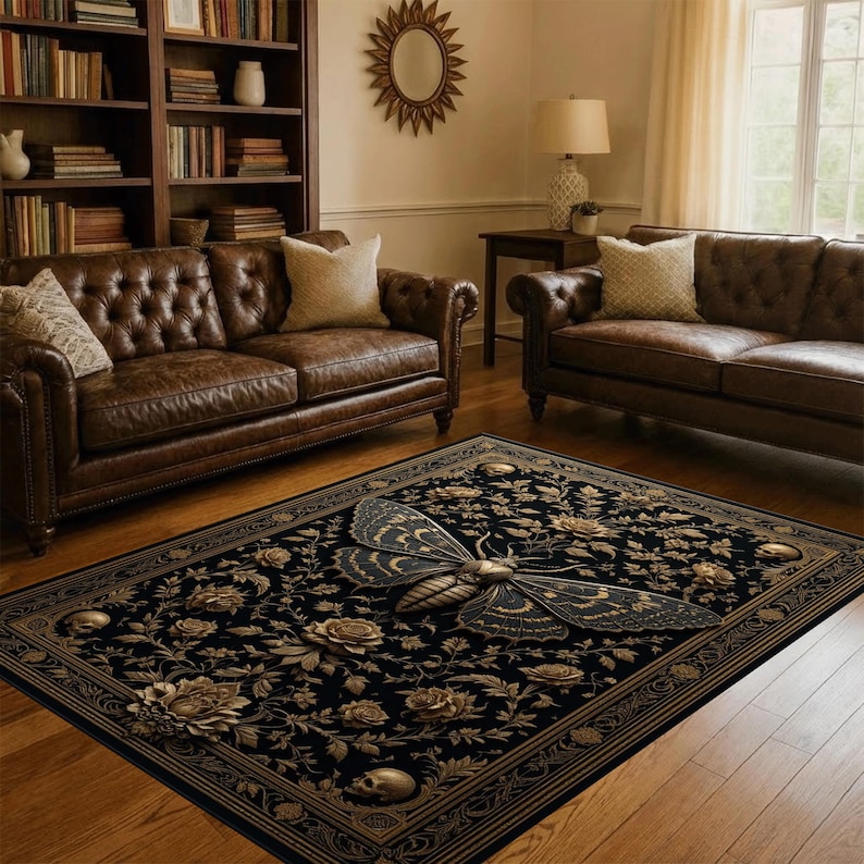Large Moth Rug Gothic Moth Skull Floral Rug, Dark Gold Vintage Area Carpet - Etsy