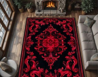 Alfombra barroca gótica de damasco rojo y negro, alfombra ornamental victoriana, decoración espectacular para dormitorio.