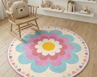 Round Pastel Flower Kids Rug, Heart Border Nursery Carpet