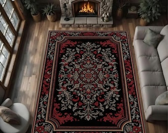 Black Red Baroque Floral Area Rug, Vintage Classic Carpet