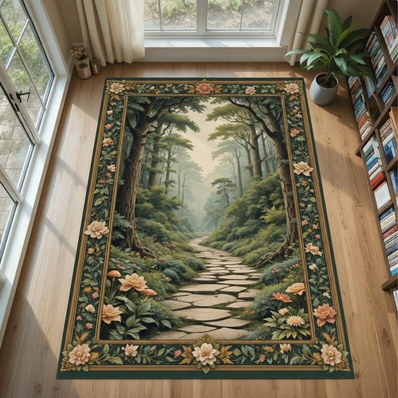 Forest Path Floral Border Area Rug - Etsy