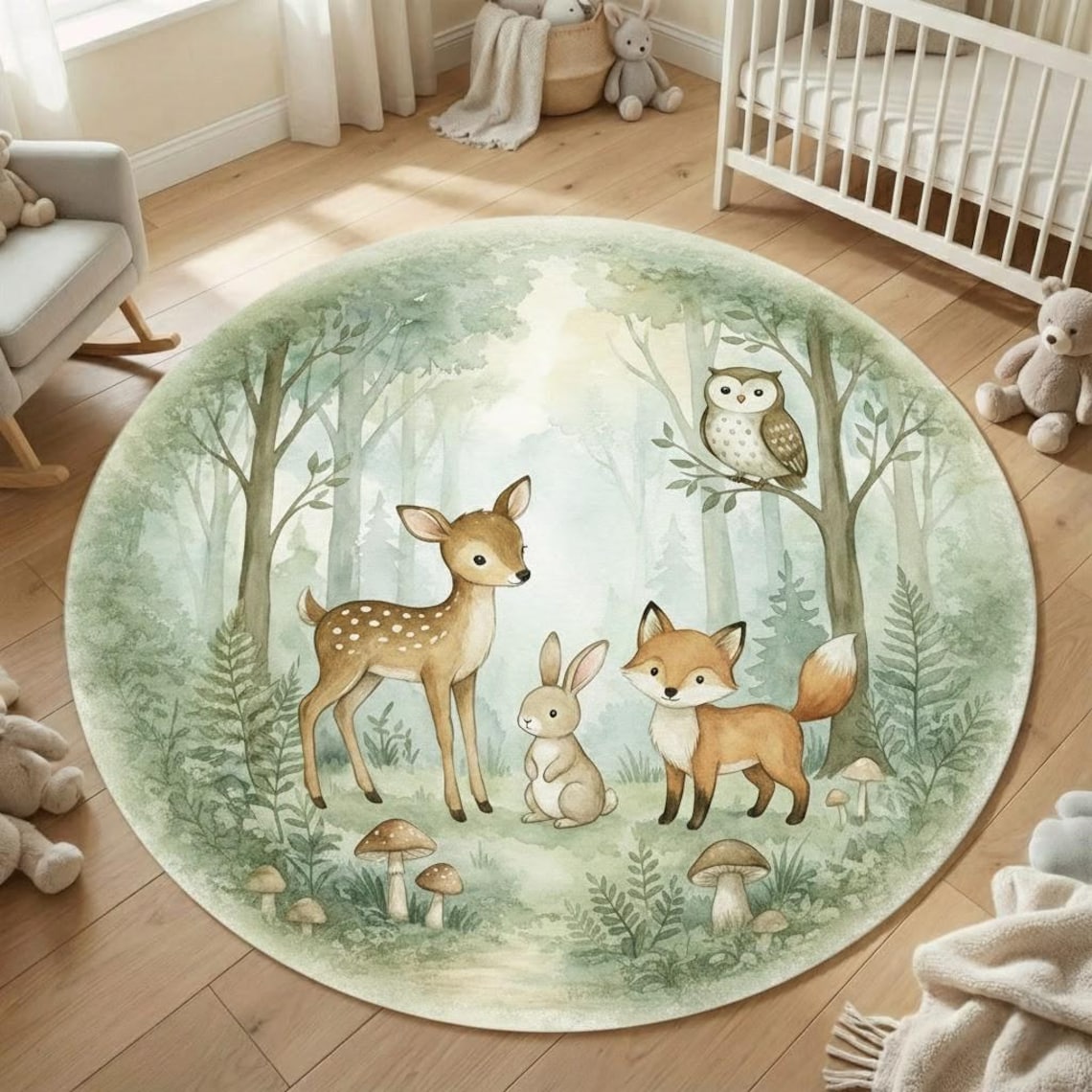 Woodland Animals Nursery Rug, Deer Fox Owl Forest Kids Rug - Etsy