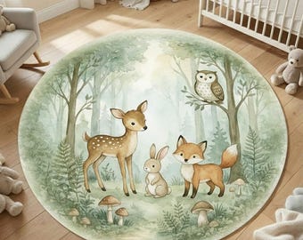 Woodland Animals Nursery Rug, Deer Fox Owl Forest Kids Rug