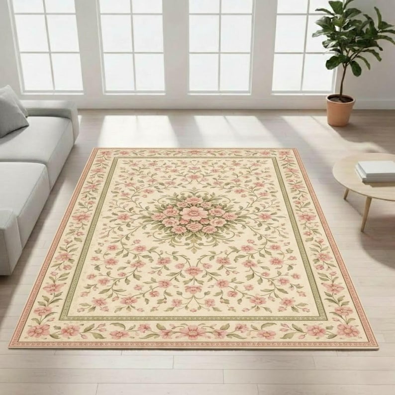 Fwn Pattern Rug Vintage Floral Rug, Pastel Pink Cottage Garden Area Rug - Etsy