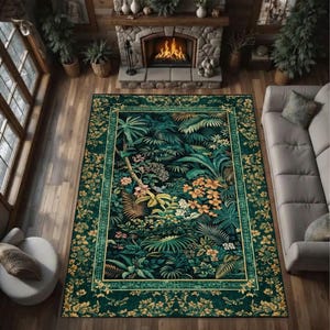 May include: A rectangular area rug with a botanical design. The rug features a dark green background with a detailed pattern of tropical plants, flowers, and palm trees in shades of green, yellow, and orange. A gold border frames the central design.