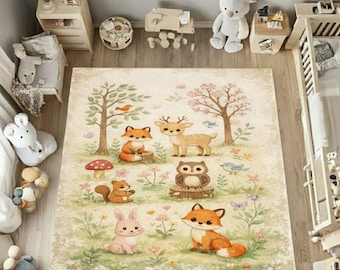 Whimsical Woodland Nursery Animal Illustration Area Rug