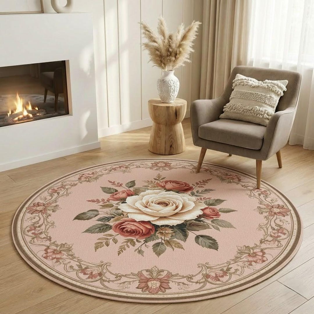 Classic Rose Rug Vintage Floral Round Rug, Rose Pattern Area Carpet - Etsy