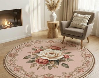 Vintage Victorian Pink Rose Round Area Rug 60