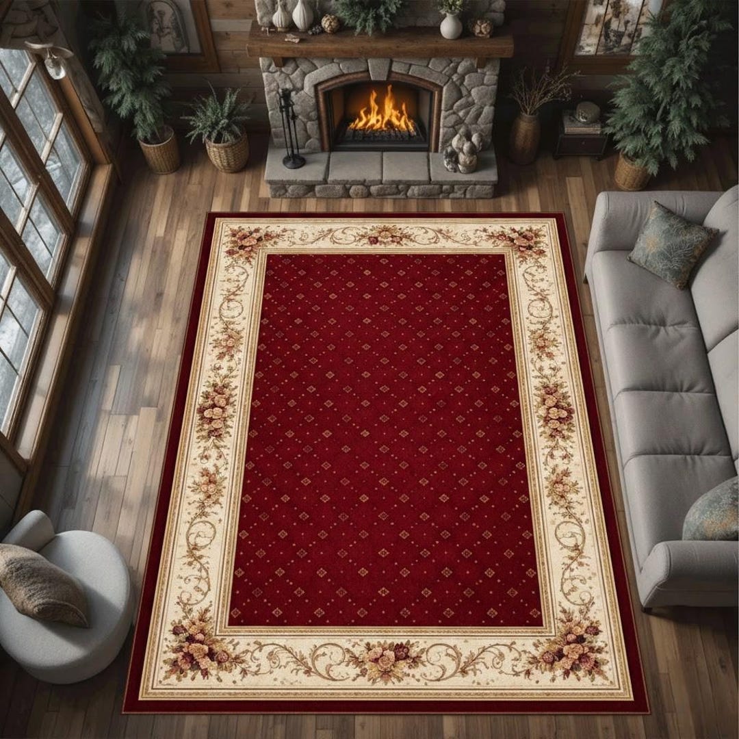 Burgundy Classic Floral Border Rug, Vintage Area Carpet - Etsy